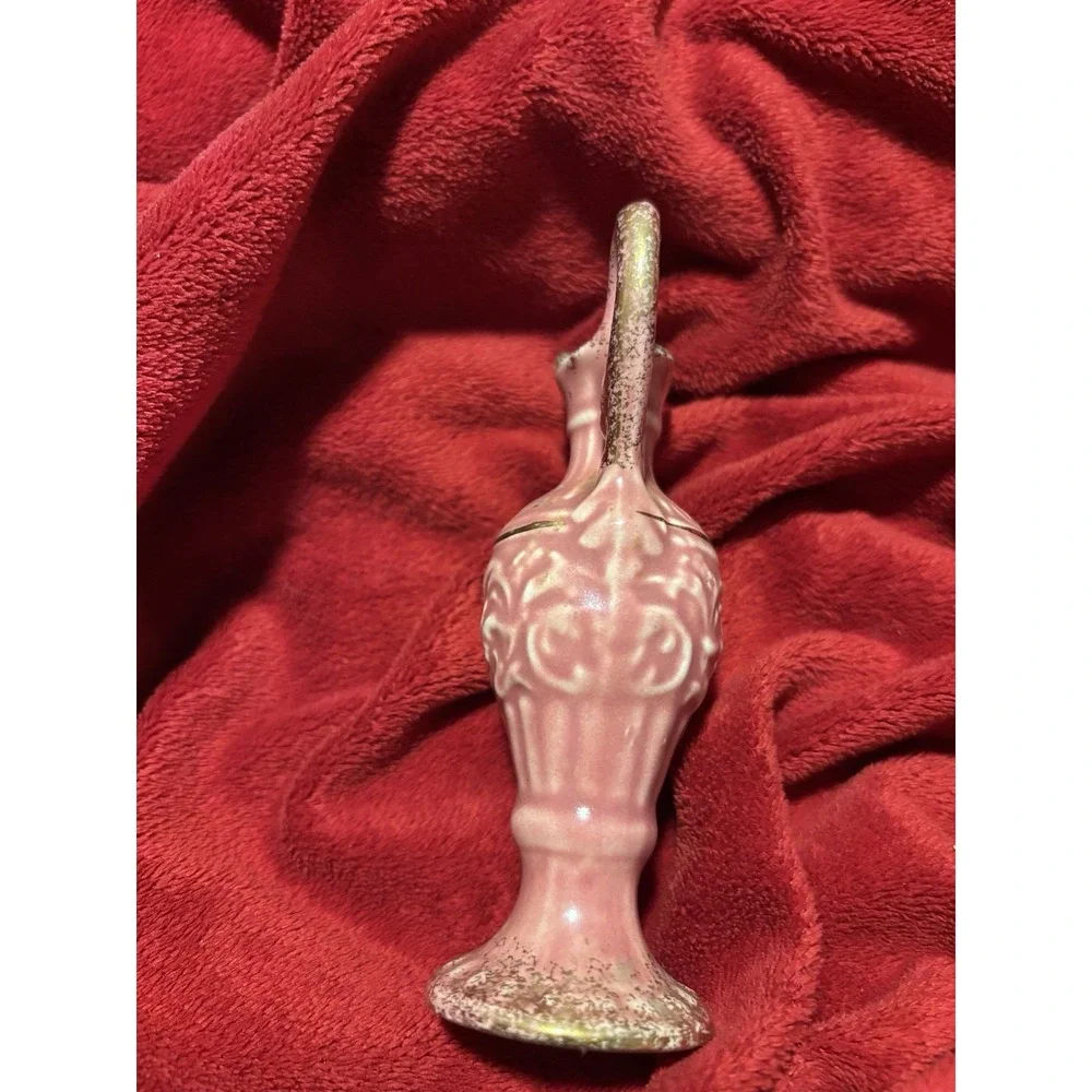 VTG Rose Pink Ceramic Ewer Vase Embossed Scroll Work Gold Trim 4.5